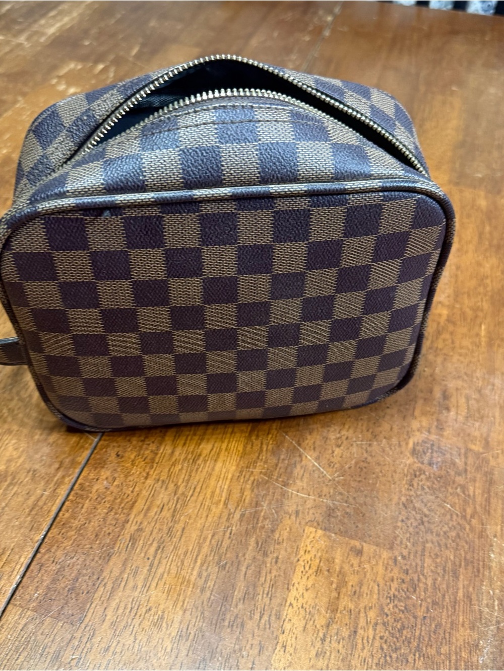 Brown Checkered Cosmetic Makeup Bag Travel Toiletry Pouch Zip Top